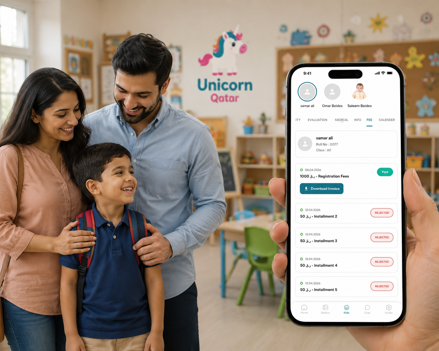Family using Unicorn Class mobile application in a nursery