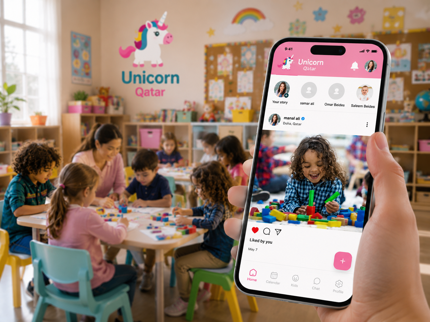 Unicorn Class parent mobile app showing classroom gallery