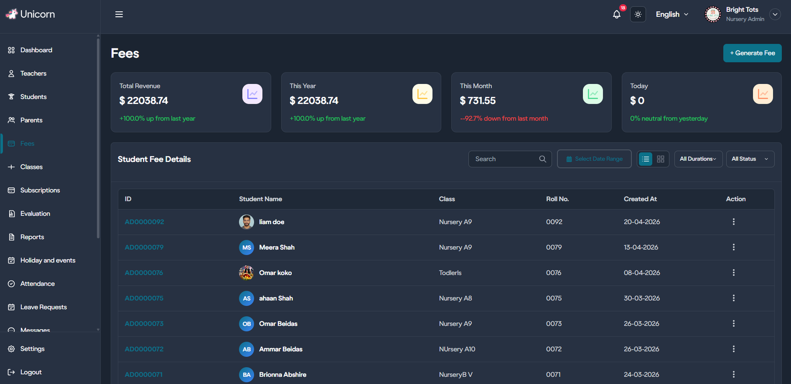 Unicorn Class attendance dashboard