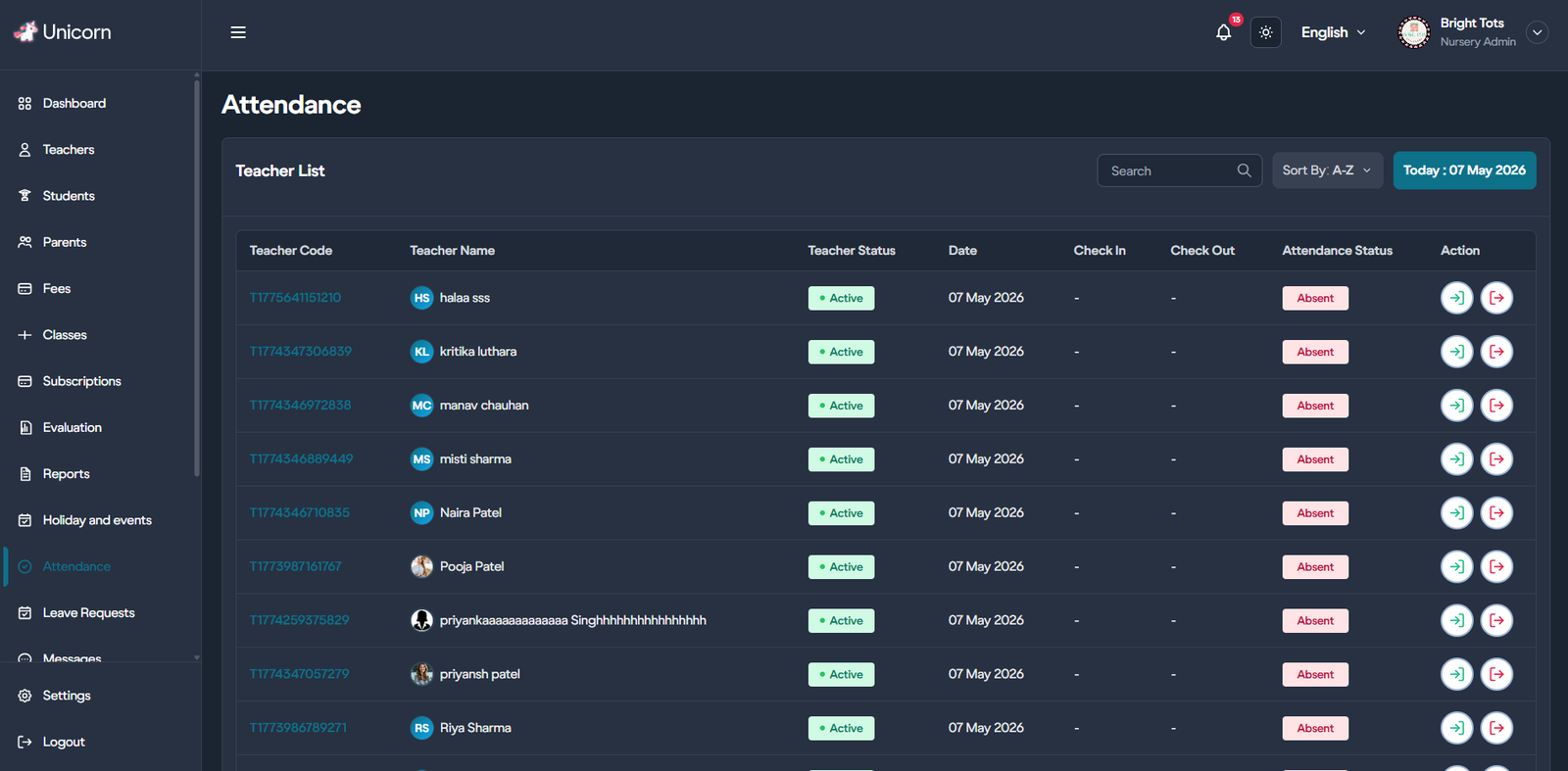 Unicorn Class student management dashboard